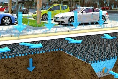 GEOCELL Ist ein modulares wasserableitendes Drainagesystem aus 3 cm hohen regeneriertem PP Kunststoffplatten